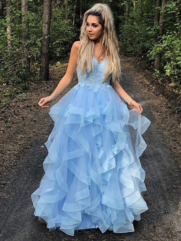 Robes de bal longues en organza avec bretelles spaghetti fines, sans manches, à appliques, coupe en A/élégante