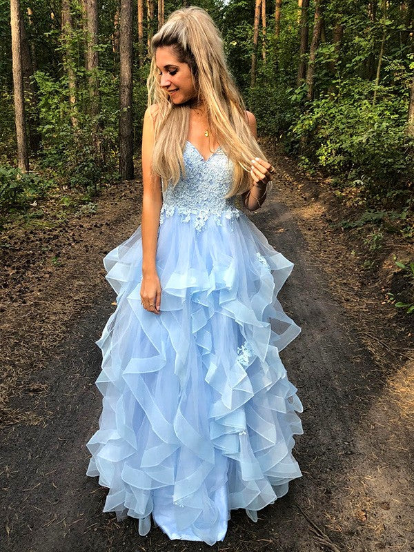 Robes de bal longues en organza avec bretelles spaghetti fines, sans manches, à appliques, coupe en A/élégante