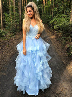 Robes de bal longues en organza avec bretelles spaghetti fines, sans manches, à appliques, coupe en A/élégante