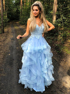 Robes de bal longues en organza avec bretelles spaghetti fines, sans manches, à appliques, coupe en A/élégante