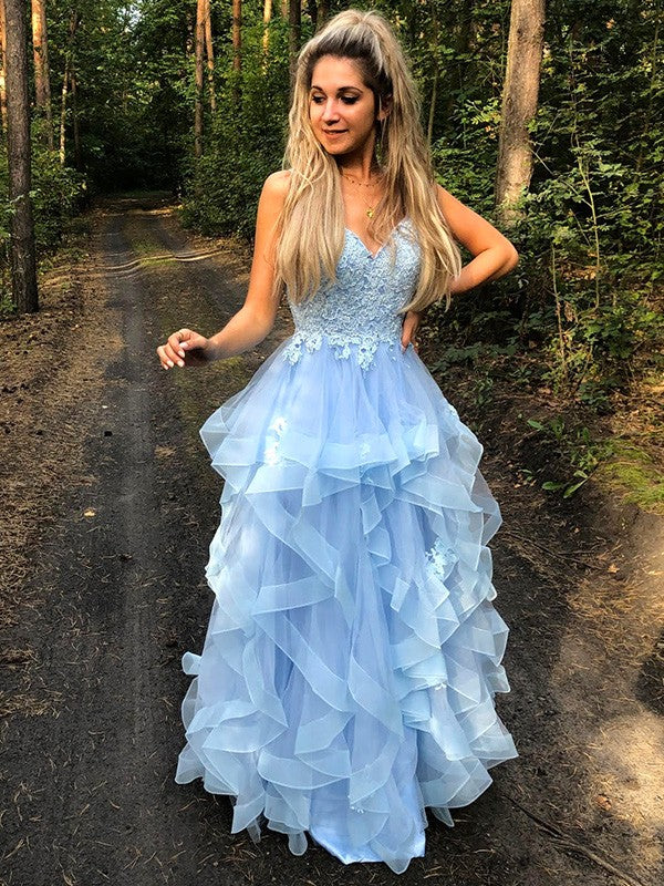 Robes de bal longues en organza avec bretelles spaghetti fines, sans manches, à appliques, coupe en A/élégante