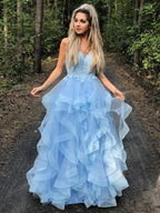 Robes de bal longues en organza avec bretelles spaghetti fines, sans manches, à appliques, coupe en A/élégante