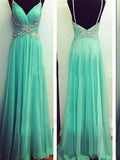 Robes de bal longues en mousseline à bretelles spaghetti fines, sans manches, ornées de perles, coupe en A/élégante