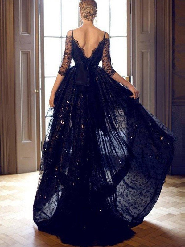 Robes de bal à bretelles spaghetti fines, sans manches, à ourlet haut-bas en dentelle, coupe en A/élégante