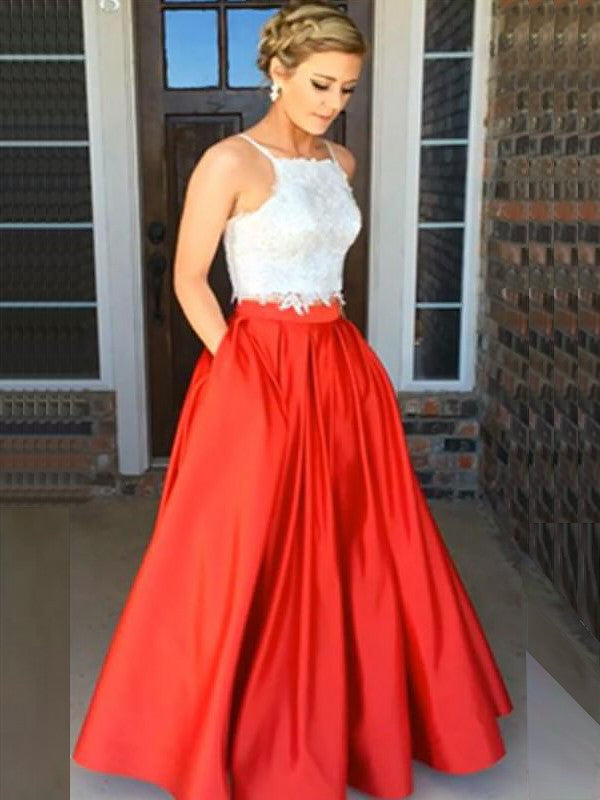Robes de bal deux pièces en satin à bretelles spaghetti fines, sans manches, longues jusqu'au sol, en dentelle, coupe en A/élégante