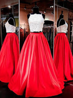 Robes de bal deux pièces en satin à bretelles spaghetti fines, sans manches, longues jusqu'au sol, en dentelle, coupe en A/élégante