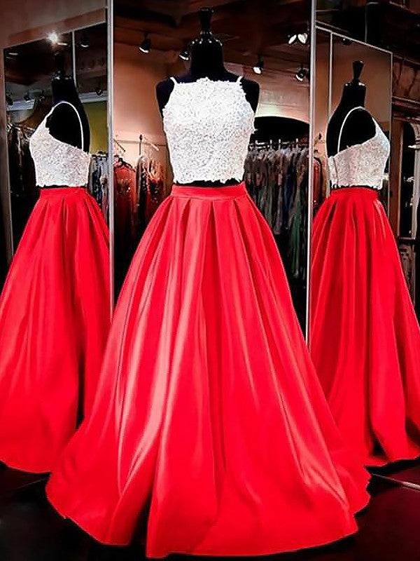 Robes de bal deux pièces en satin à bretelles spaghetti fines, sans manches, longues jusqu'au sol, en dentelle, coupe en A/élégante