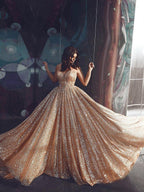 Robes de bal sans manches en tulle à paillettes avec fines bretelles élégantes et coupe en A