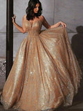 Robes de bal sans manches en tulle à paillettes avec fines bretelles élégantes et coupe en A