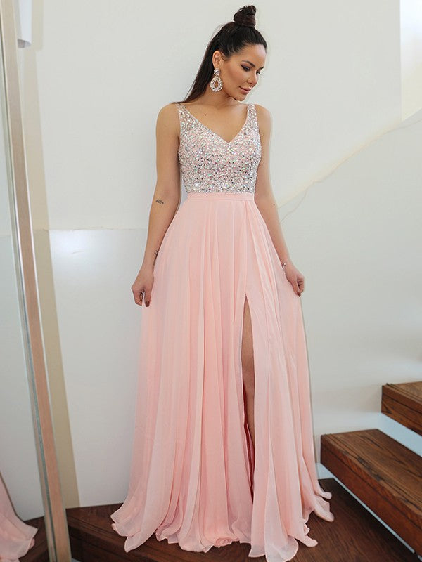 Robes de bal longues en mousseline sans manches à bretelles élégantes en forme de A ornées de perles