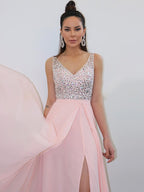 Robes de bal longues en mousseline sans manches à bretelles élégantes en forme de A ornées de perles
