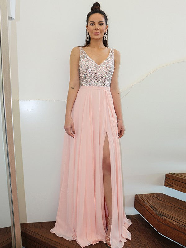 Robes de bal longues en mousseline sans manches à bretelles élégantes en forme de A ornées de perles