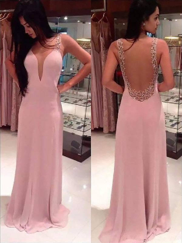 Robes de bal longues en mousseline à bretelles fines élégantes sans manches ornées de perles, coupe en A