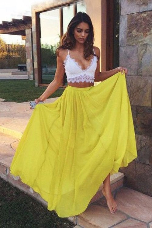 Vestidos de Baile de Dois Peças em Renda e Chiffon, Sem Mangas, Comprimento Até ao Chão, com Alças Elegantes em Linha A