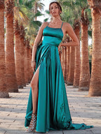 Robes de bal sans manches à volants, bretelles élégantes en ligne A, satin soyeux