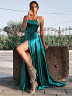 Robes de bal sans manches à volants, bretelles élégantes en ligne A, satin soyeux