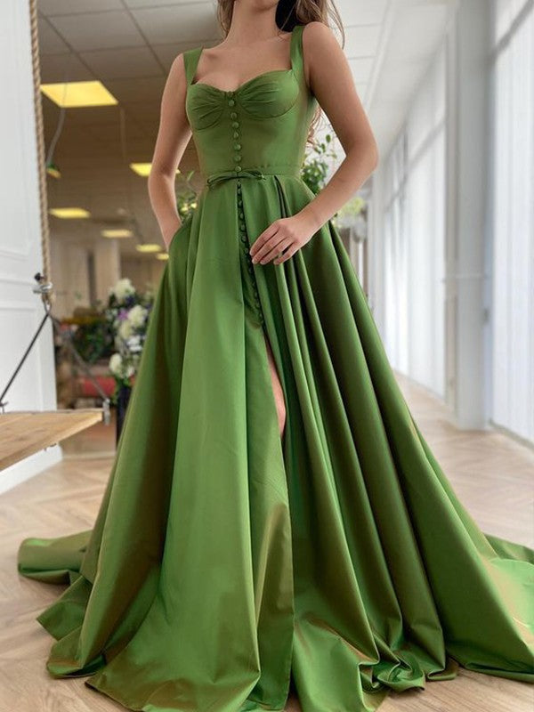 Robes de bal sans manches en satin à volants avec bretelles élégantes et coupe en A