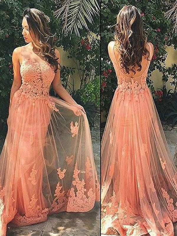 Robes de bal sans manches en tulle avec bretelles élégantes et appliques en ligne A