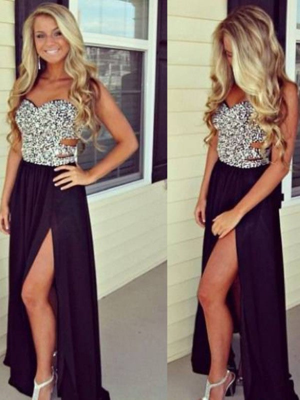 Robes de bal longues en mousseline sans manches à perles, décolleté cœur élégant, coupe en A