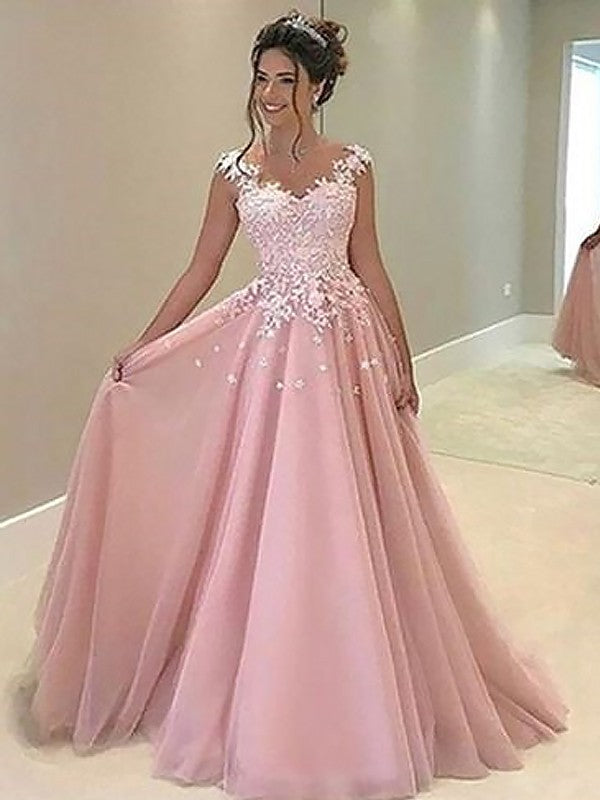 Robes de bal longues au sol en tulle avec appliques, sans manches, décolleté cœur élégant, coupe en A