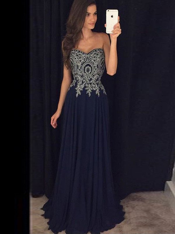 Robes de bal longues en mousseline à appliques, sans manches, décolleté cœur élégant, coupe en A