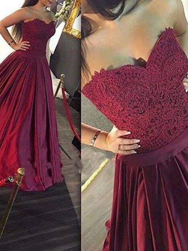Robes de bal longues en satin à dentelle sans manches, décolleté cœur élégant, coupe en A