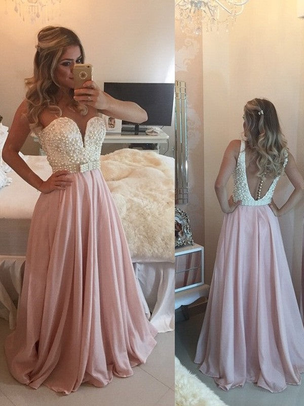 Robes de bal longues en mousseline, sans manches, à décolleté cœur élégant, ligne A, ornées de perles