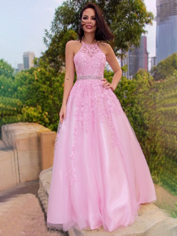 Robes de bal longues au sol sans manches à col licou avec application en tulle élégante et en ligne A