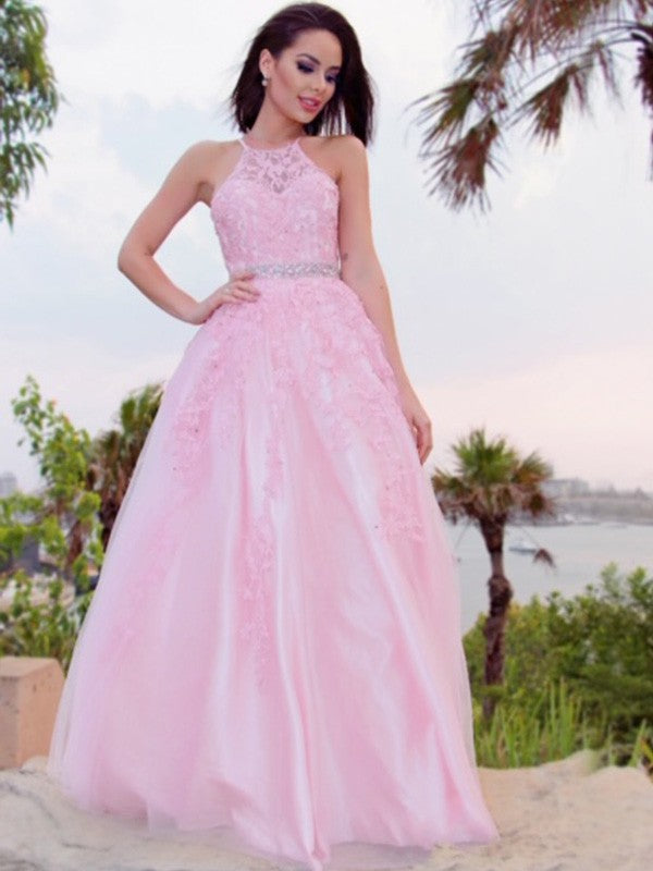 Robes de bal longues au sol sans manches à col licou avec application en tulle élégante et en ligne A