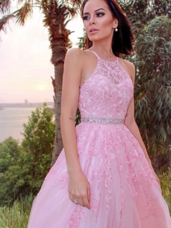 Robes de bal longues au sol sans manches à col licou avec application en tulle élégante et en ligne A
