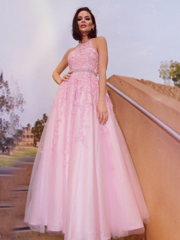Robes de bal longues au sol sans manches à col licou avec application en tulle élégante et en ligne A