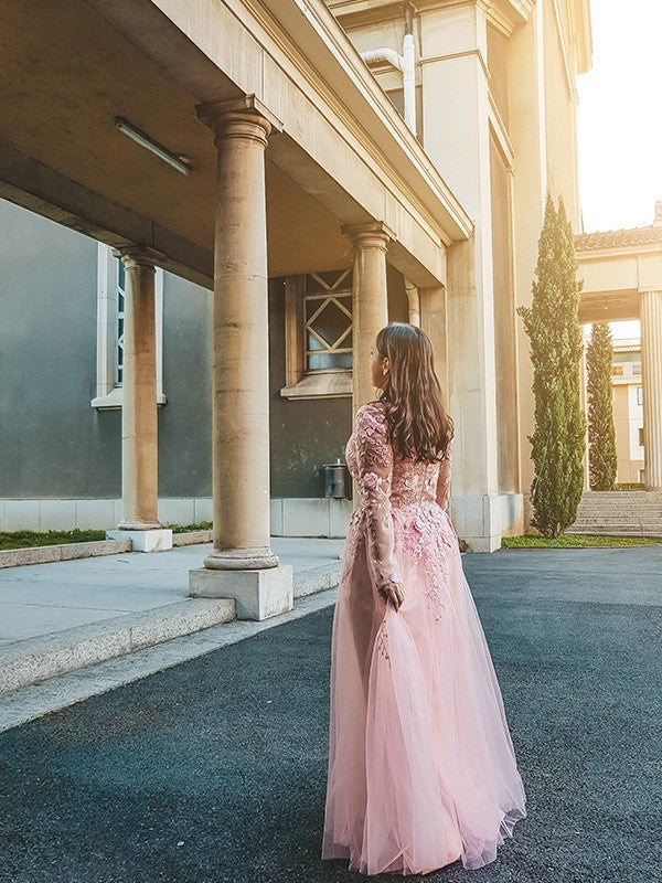 Abito da sera lungo a linea ad A/elegante con applicazioni in tulle, maniche lunghe e scollo a V fino a terra