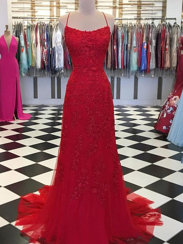 Robes de bal sans manches à fines bretelles, appliques en tulle élégantes, coupe en A