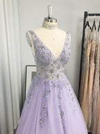 Robes de bal longues au sol sans manches en tulle élégant à perles, en ligne A, col en V