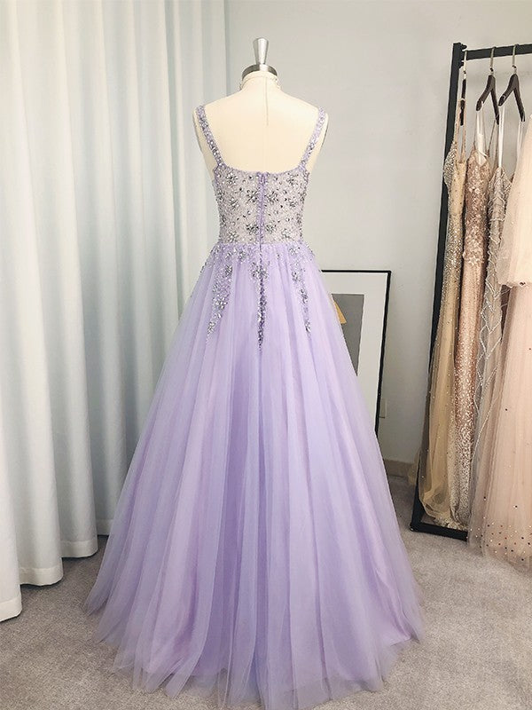 Robes de bal longues au sol sans manches en tulle élégant à perles, en ligne A, col en V