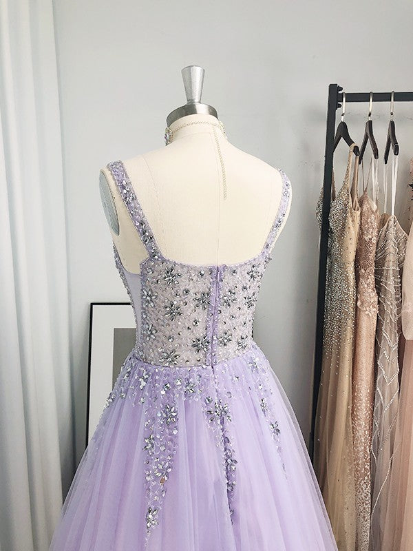 Robes de bal longues au sol sans manches en tulle élégant à perles, en ligne A, col en V