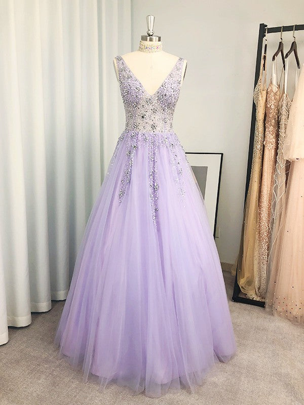 Robes de bal longues au sol sans manches en tulle élégant à perles, en ligne A, col en V
