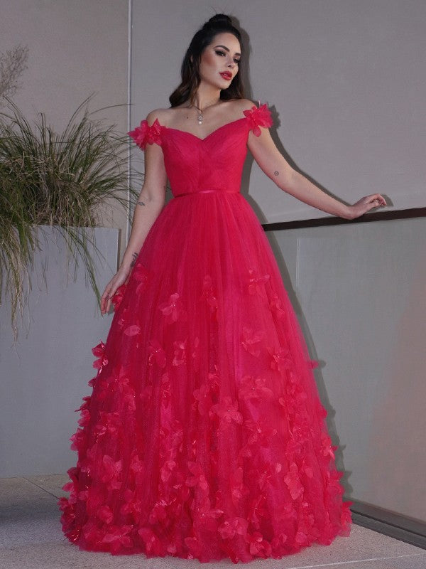 Robes de bal longues au sol sans manches, épaules dénudées, en tulle fait main, style ligne A/élégant avec fleurs