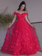 Robes de bal longues au sol sans manches, épaules dénudées, en tulle fait main, style ligne A/élégant avec fleurs