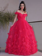 Robes de bal longues au sol sans manches, épaules dénudées, en tulle fait main, style ligne A/élégant avec fleurs