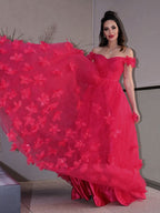 Robes de bal longues au sol sans manches, épaules dénudées, en tulle fait main, style ligne A/élégant avec fleurs