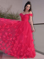 Robes de bal longues au sol sans manches, épaules dénudées, en tulle fait main, style ligne A/élégant avec fleurs