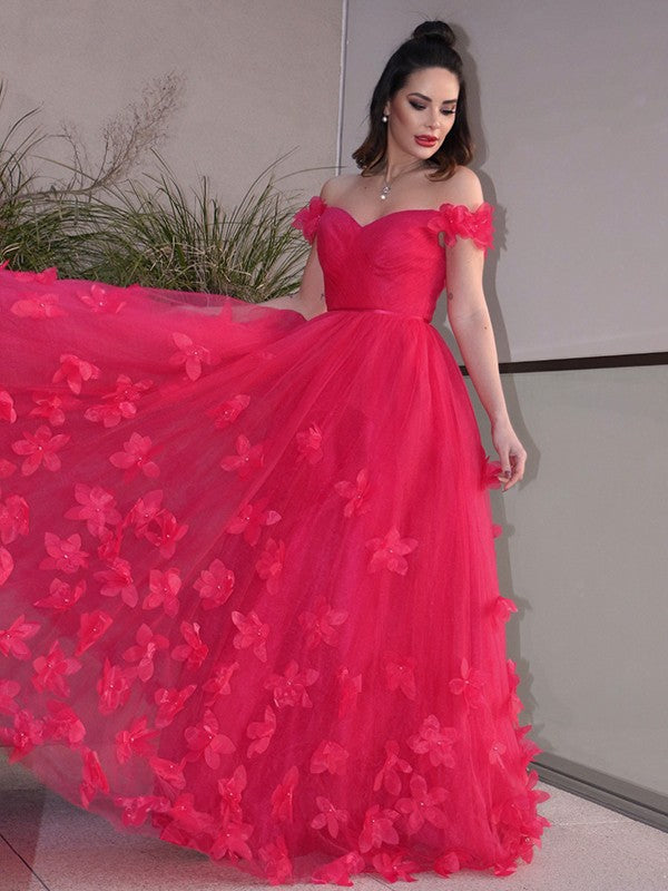 Robes de bal longues au sol sans manches, épaules dénudées, en tulle fait main, style ligne A/élégant avec fleurs