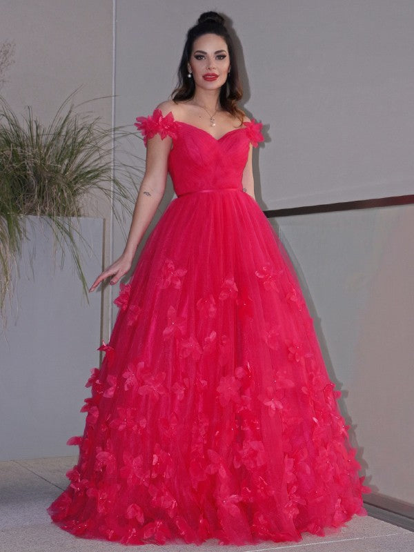 Robes de bal longues au sol sans manches, épaules dénudées, en tulle fait main, style ligne A/élégant avec fleurs