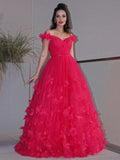 Robes de bal longues au sol sans manches, épaules dénudées, en tulle fait main, style ligne A/élégant avec fleurs