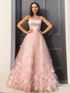 Robes de bal longues au sol sans manches à bretelles fleuries faites main en tulle élégantes et en ligne A