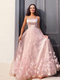 Robes de bal longues au sol sans manches à bretelles fleuries faites main en tulle élégantes et en ligne A