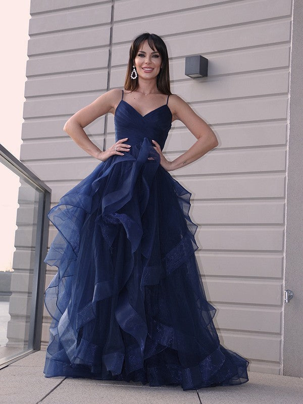Abito da sera lungo fino a terra con scollo a V, senza maniche, strati di tulle a linea ad A/elegante