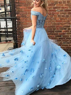 Robes de bal longues au sol sans manches en tulle élégant à appliques et décolleté bardot en ligne A