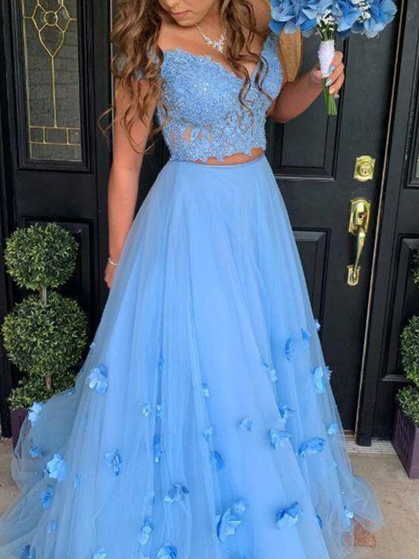 Robes de bal longues au sol sans manches en tulle élégant à appliques et décolleté bardot en ligne A